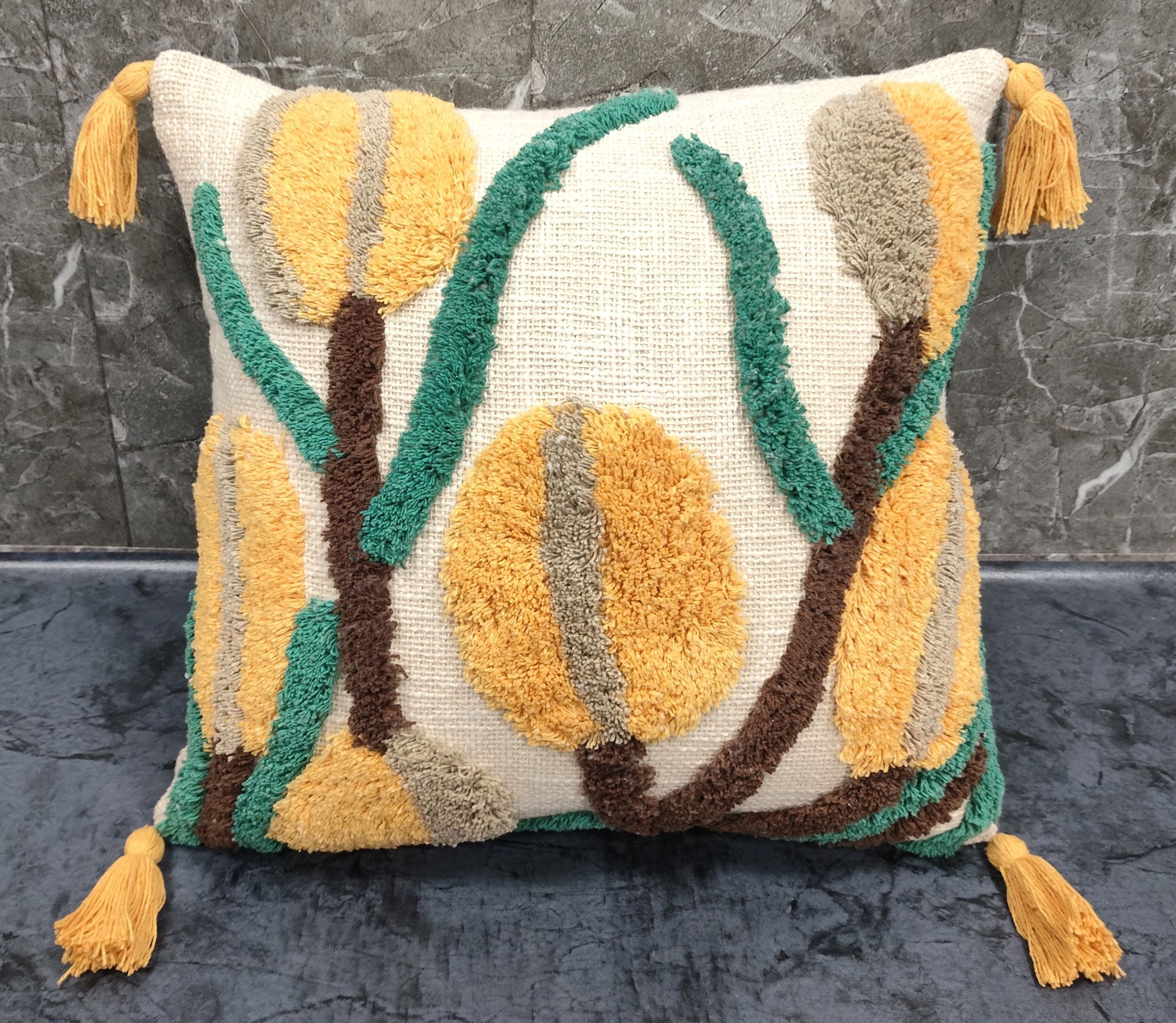 Stylish square pillow with flower tufted design, soft slub cotton cushion for modern home décor