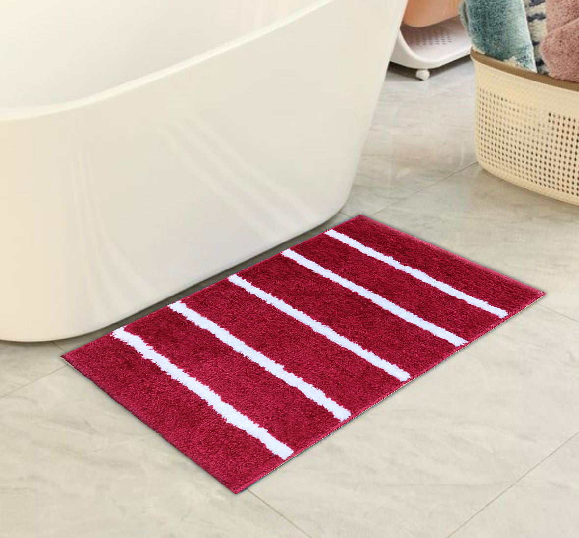 Modern Rug - Microfiber stripe bathmat in red and white, placed by a bathtub for a stylish bathroom upgrade.