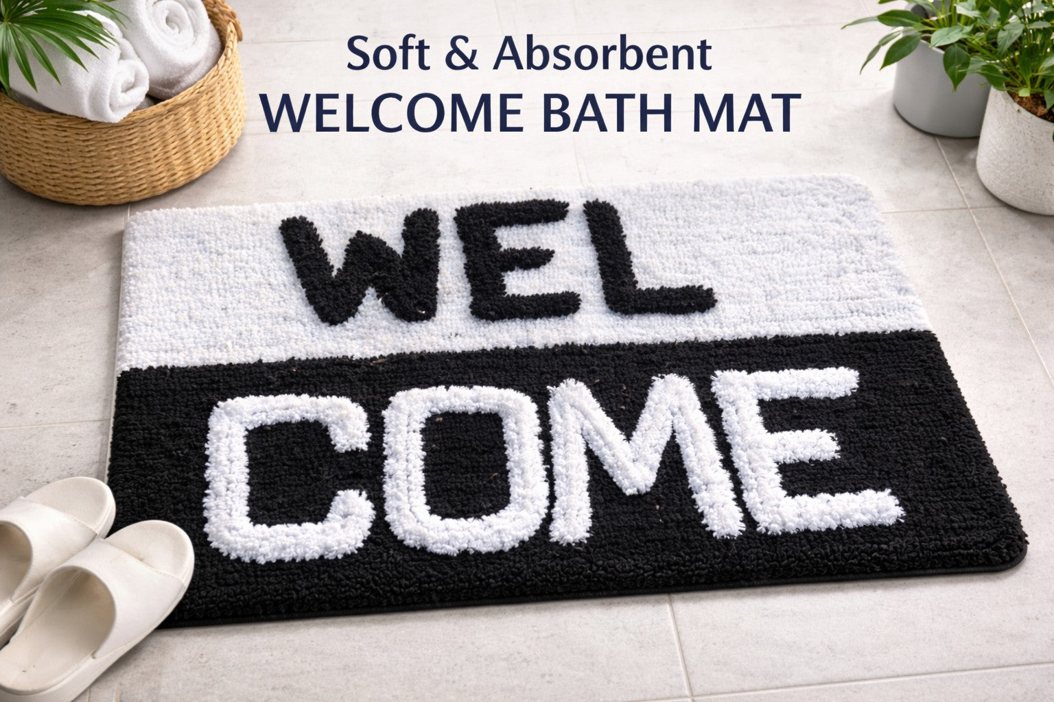 Microfiber bathmat with welcome text stylish bathroom rug