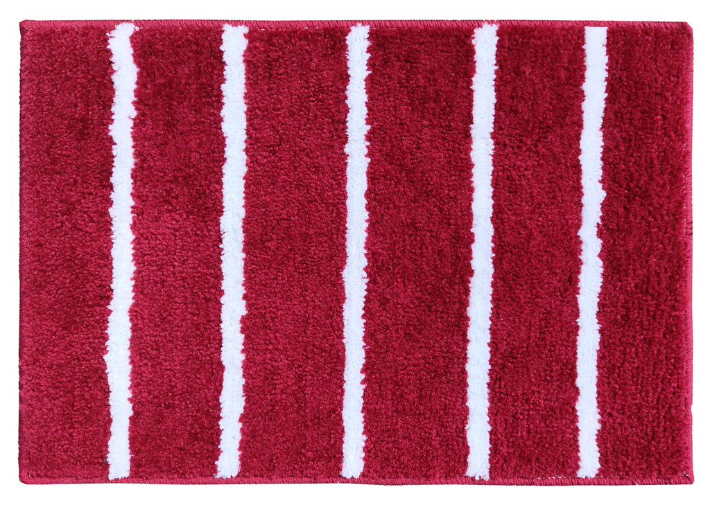 Modern Rug in red with white stripes, perfect microfiber stripe bathmat for stylish bathroom decor.